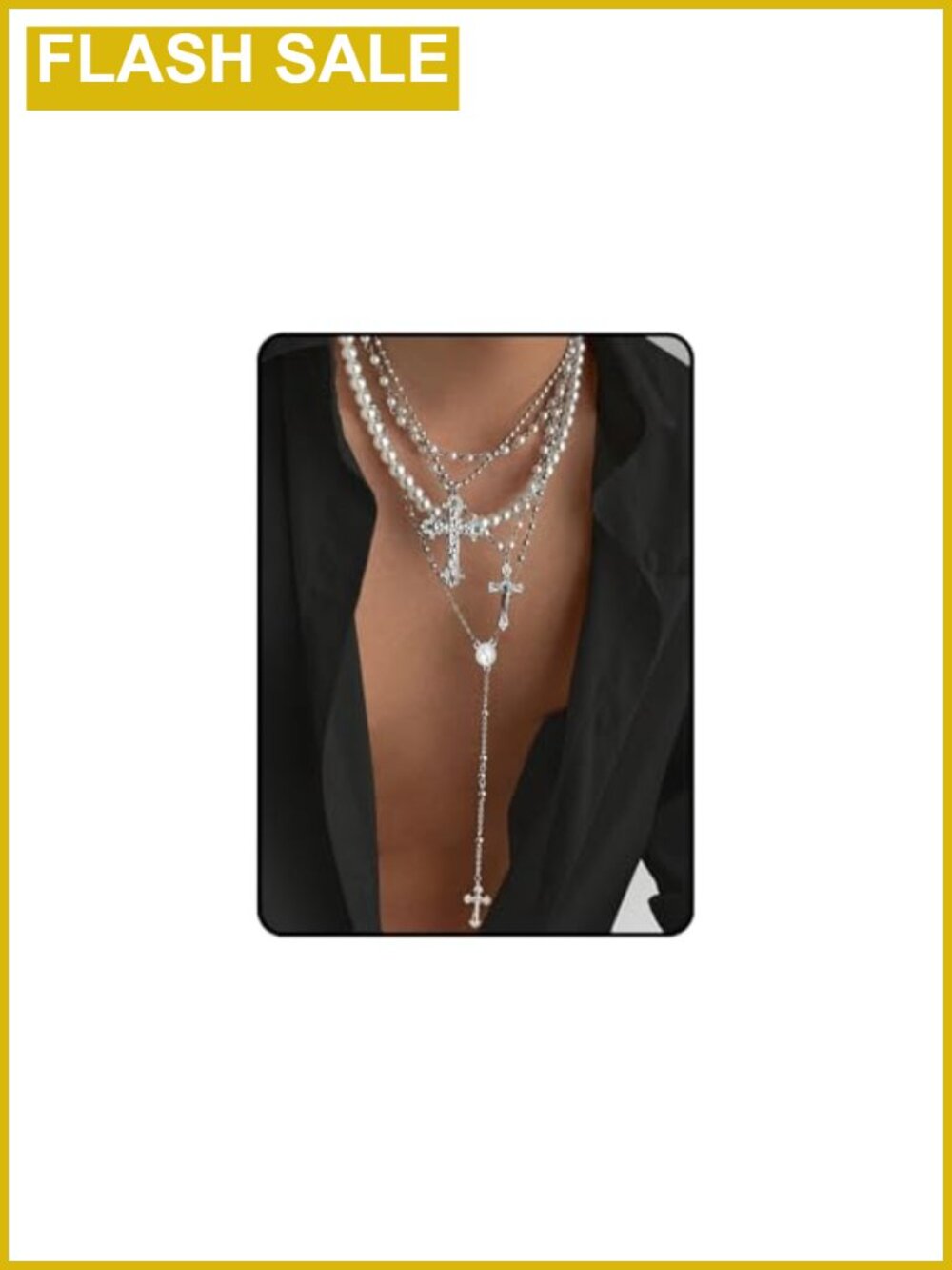 Silver Layered Cross Necklace Set 4Pc Pearl Choker Chunky Pendant Adjustable